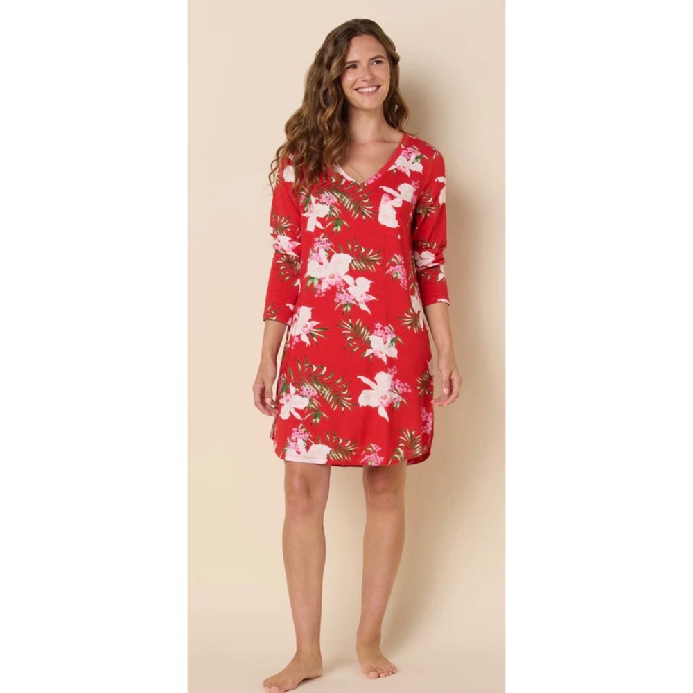 The cats PJ red Flora Festiva Pima Knit Long-Sleeved Sleep Shirt medium summer‎